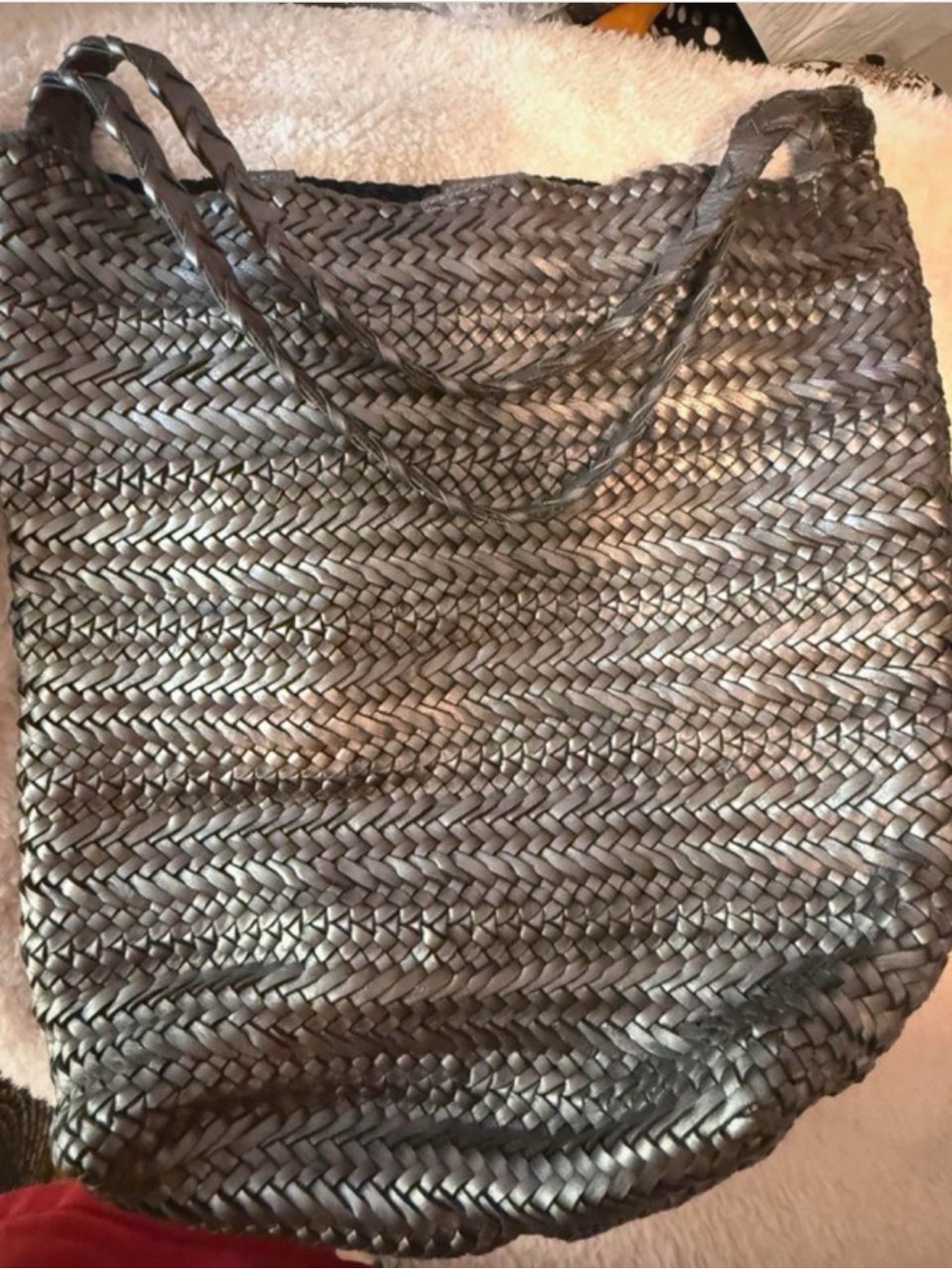 Braided Metallic Silver Shoulder Tote - Picture 3 of 3